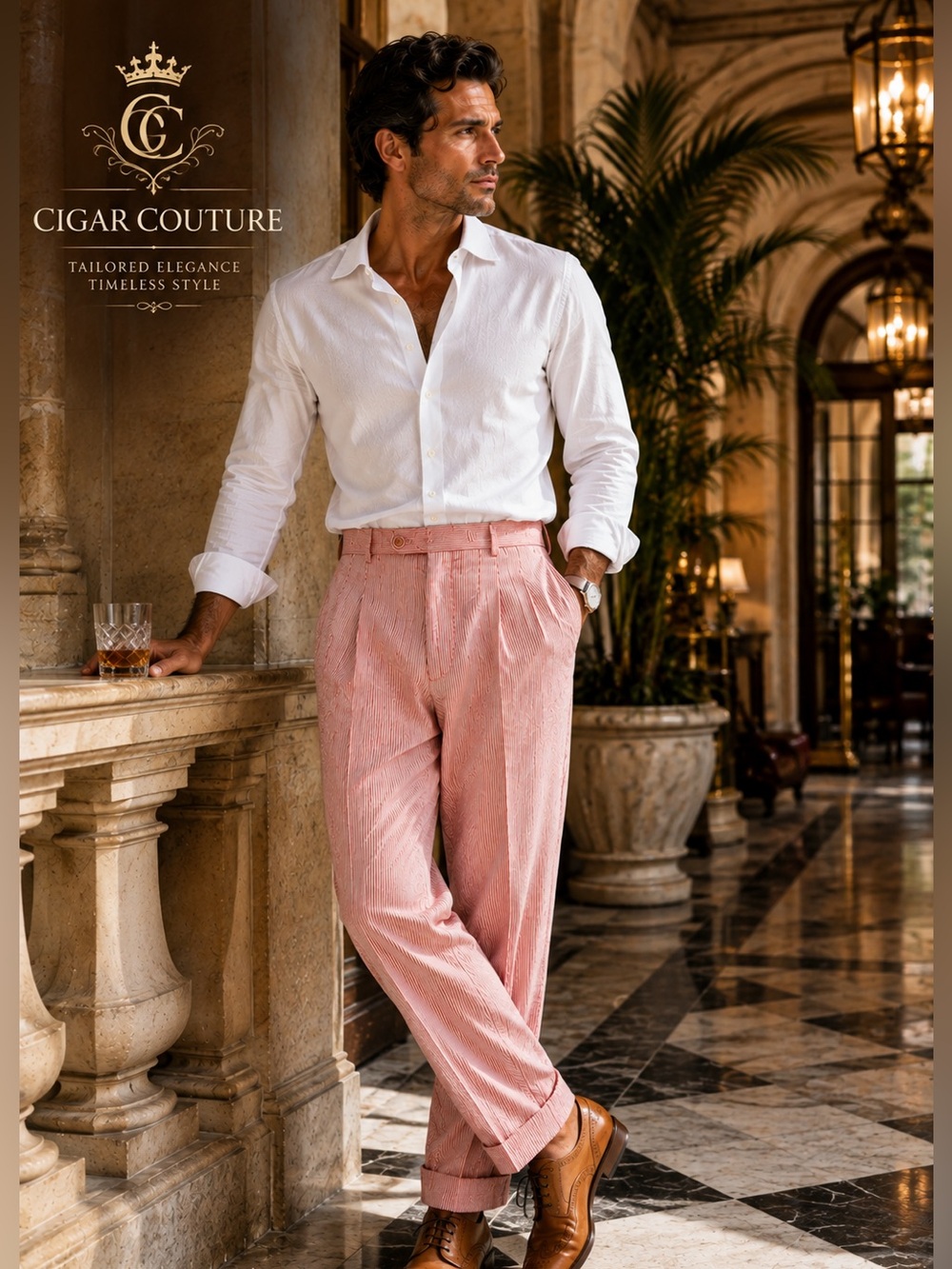 Cigar Couture,Coral Pinstripe Pleated Trousers Italy Tailored Luxe Pant,Size 32